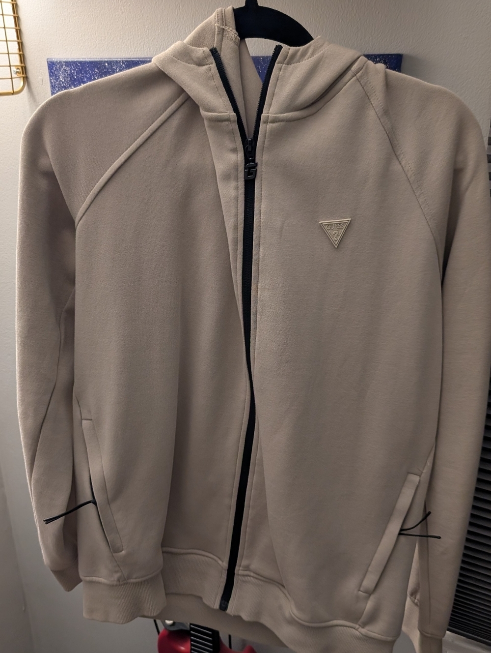 GUESS Men's Medium Beige Hooded Zip Up Hoodie